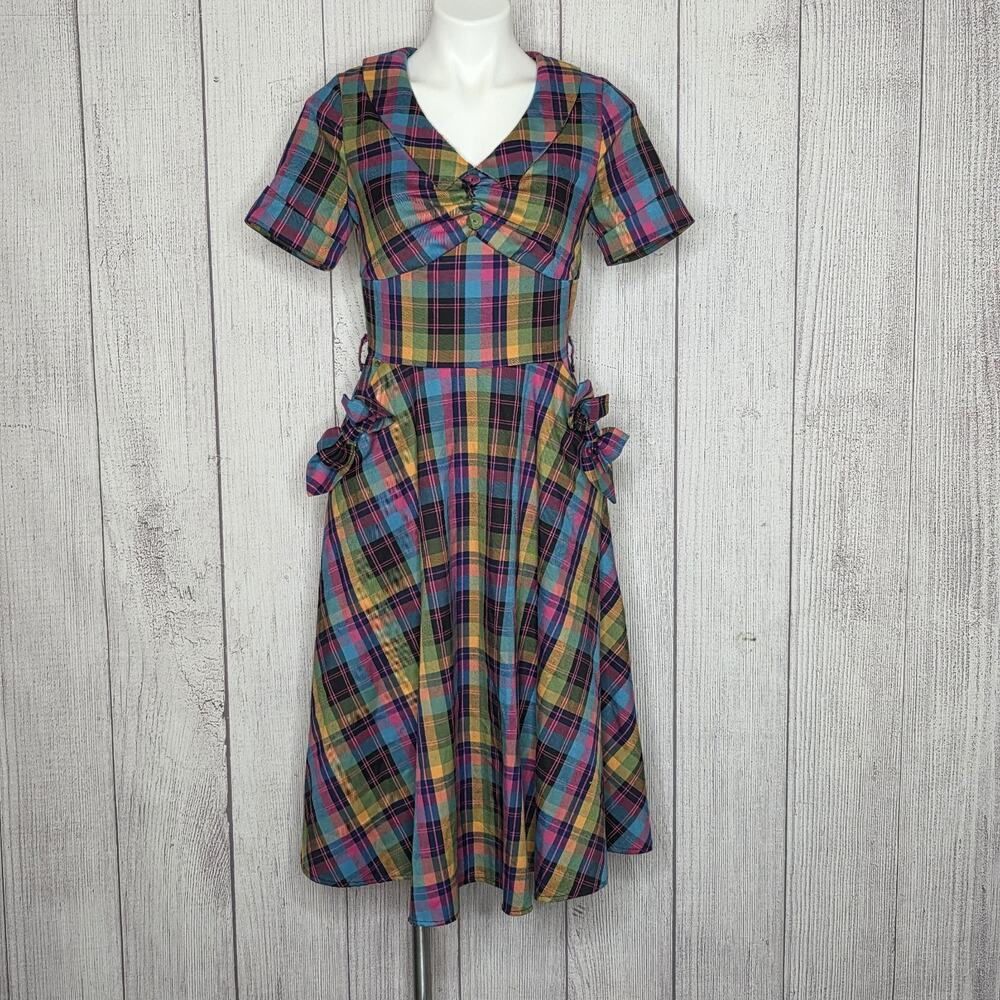 Voodoo Vixen Camilla Plaid Flare Dress S 60s Mod Retro Rockabilly Full Skirt